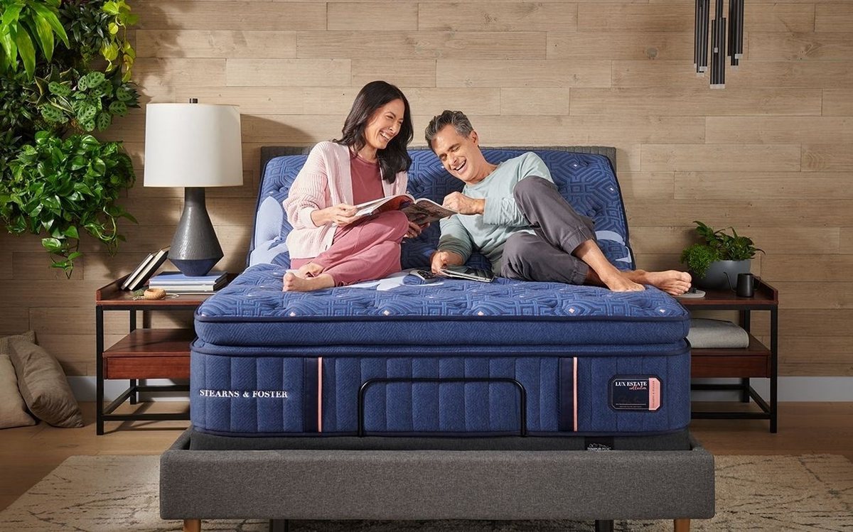 A Stearns & Foster Lux Estate pillow-top mattress on an adjustable base in a bedroom
